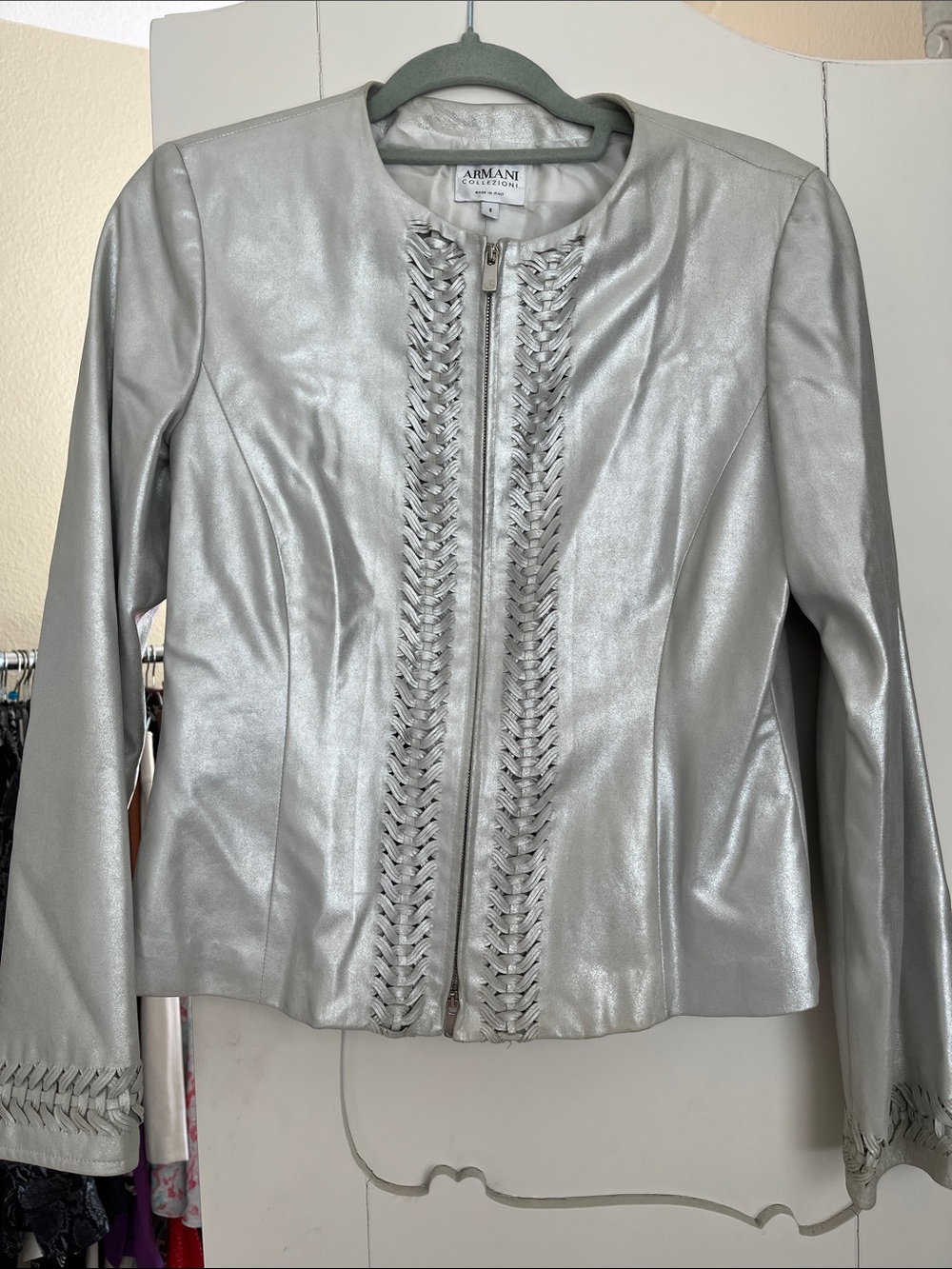Armani Collezioni Silver Braided-Trim Leather Jacket